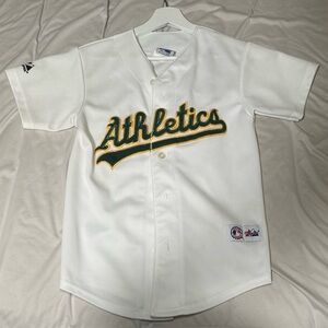 Majestic White and Green Athletics Jersey